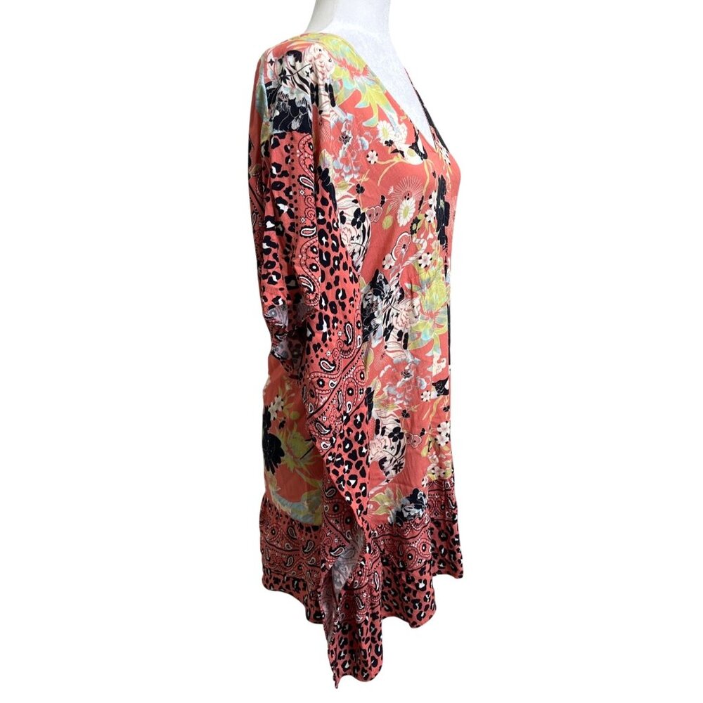 Maaji  Women Size M Kaftan Cover-Up Floral Animal Print Tunic Dress Peach Black - Picture 3 of 8